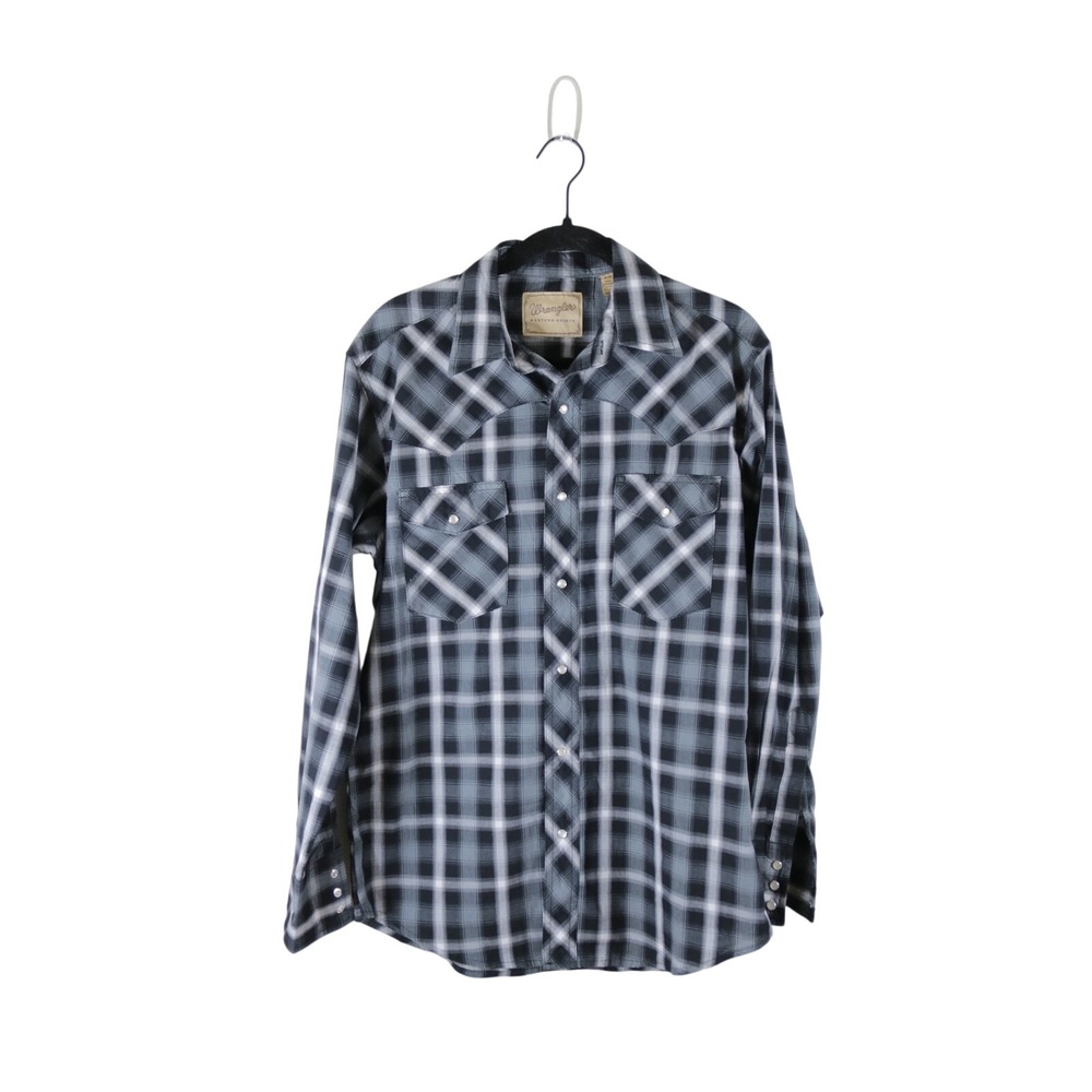 Wrangler Mens Western Shirt Black Grey White Plaid Pearl Snap Long Sleeve Medium